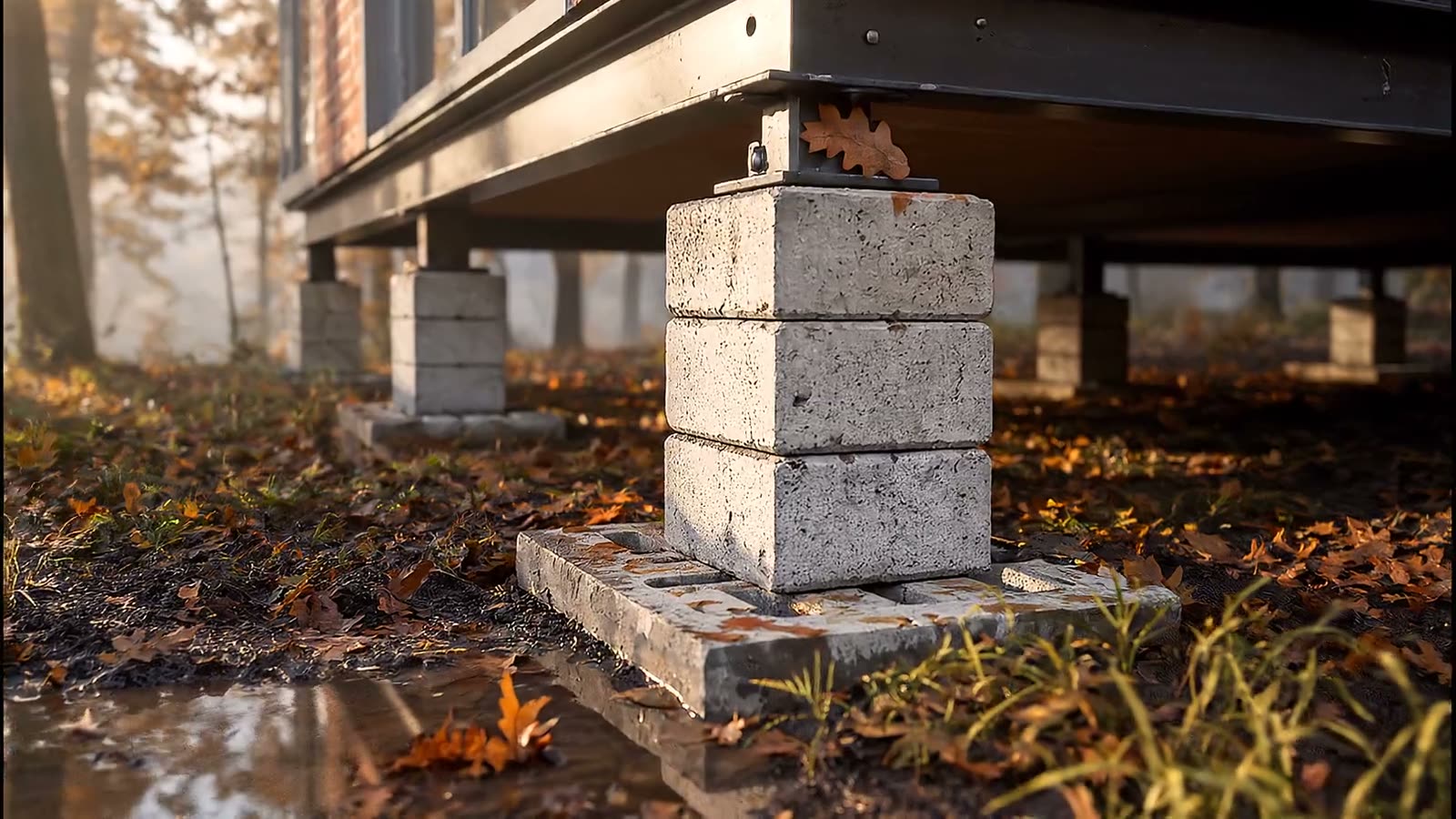 Een stapel bielzen op een grondplaat draagt de stalen onderbouw van een woning